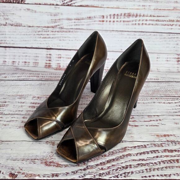 Stuart Weitzman Bonze Peep Toe Pumps 9 Chunky Heel Crossover Classic Lux Event - Picture 1 of 9